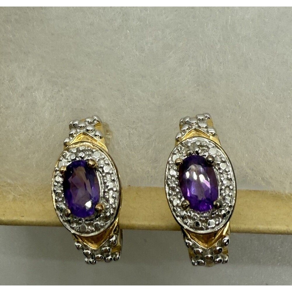 Ross Simons Gold Plated Sterling Silver 925 Amethyst Earrings C Shaped Signed R